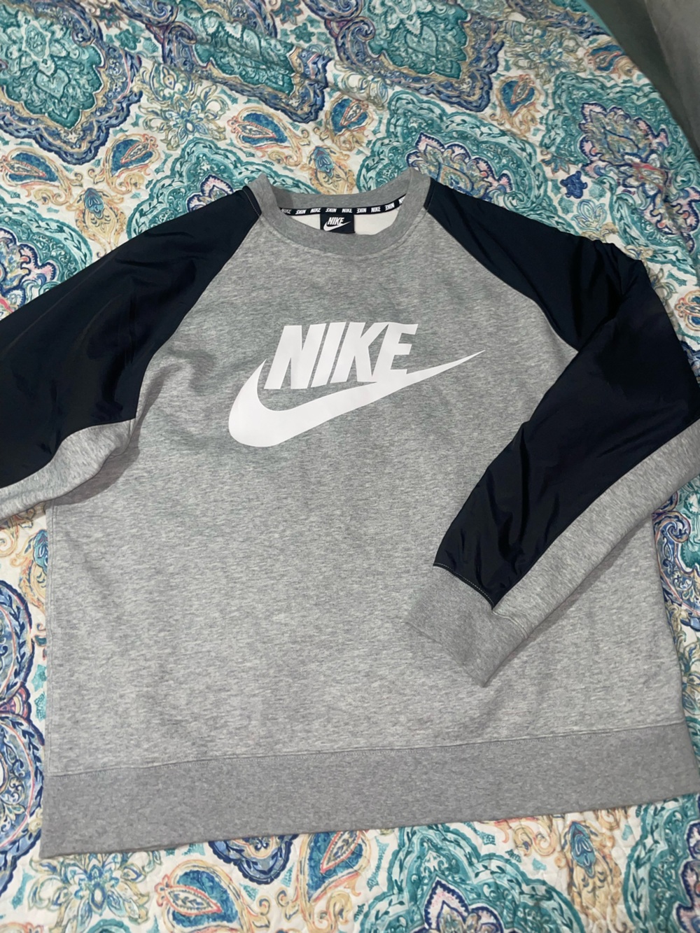 Nike Grey Crewneck Sweatshirt with White Logo and Black Sleeves